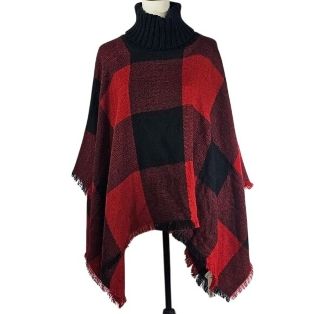 Tahari Red Buffalo Plaid Turtleneck Poncho‎ OS Fringe Boho Lagenlook Holiday